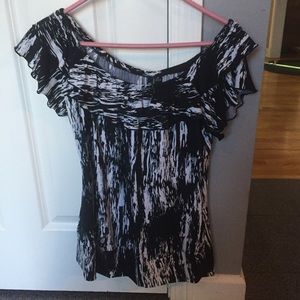 Black Milano short sleeved ruffle stretch shirt